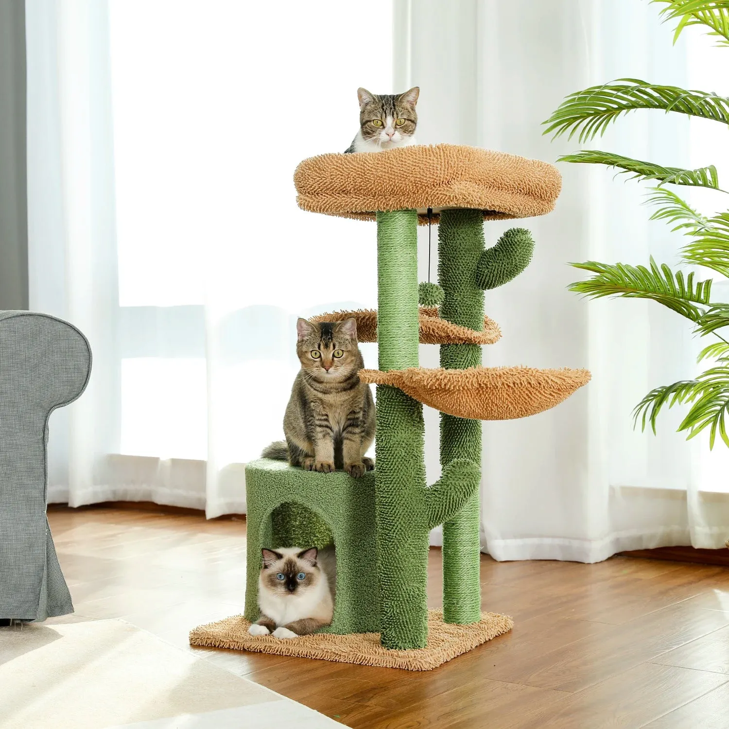 35.5" Cactus Cat Tree Tower with Scratching Posts, Pet Scratcher, 3-Tier Cat House Furniture