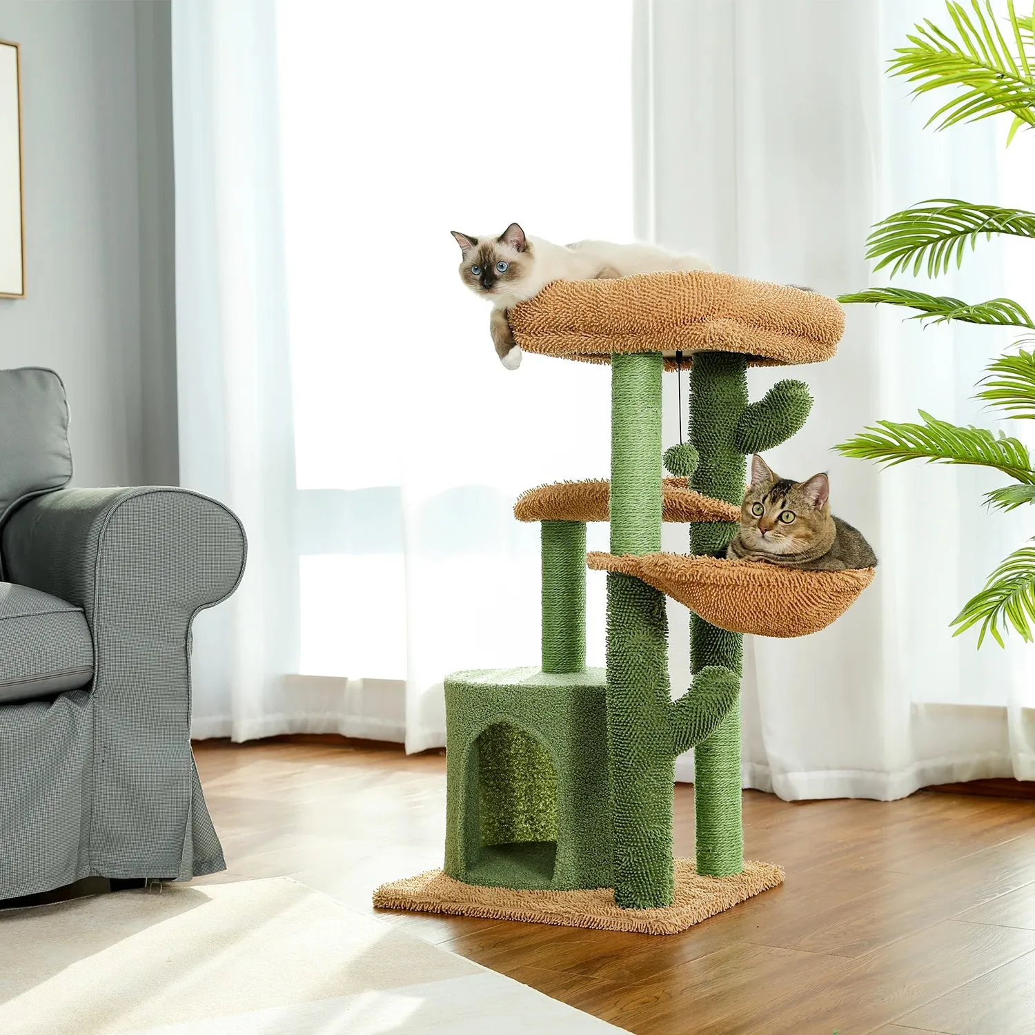 35.5" Cactus Cat Tree Tower with Scratching Posts, Pet Scratcher, 3-Tier Cat House Furniture