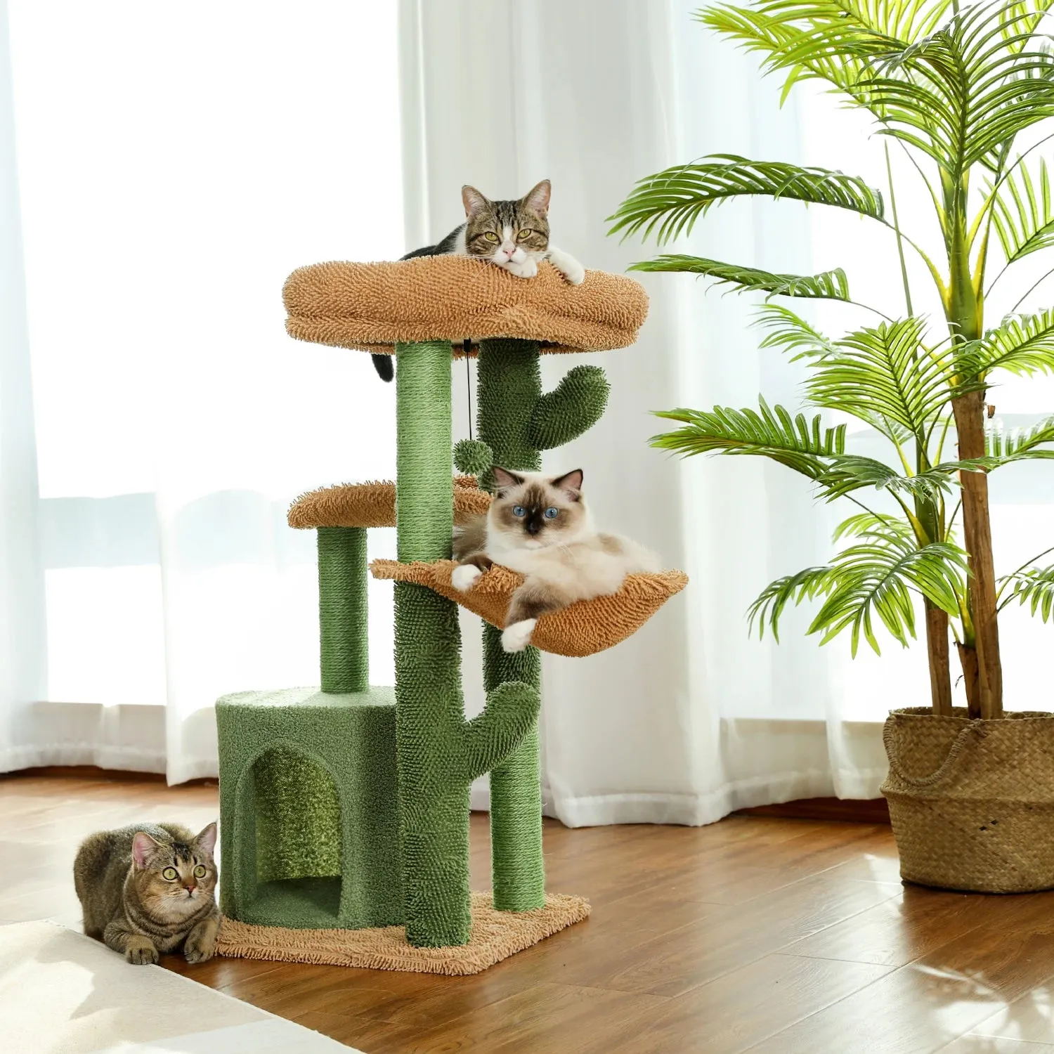 35.5" Cactus Cat Tree Tower with Scratching Posts, Pet Scratcher, 3-Tier Cat House Furniture
