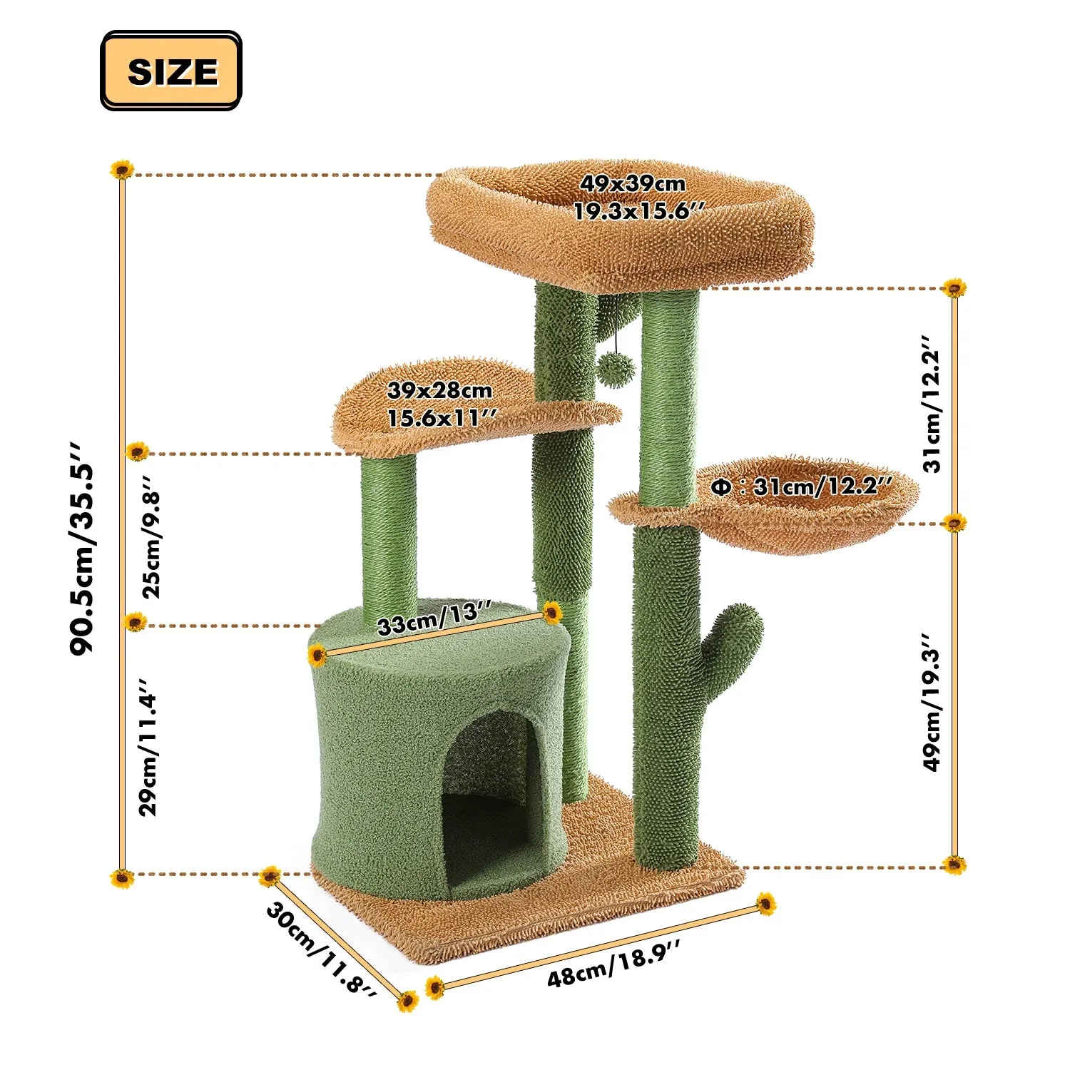 35.5" Cactus Cat Tree Tower with Scratching Posts, Pet Scratcher, 3-Tier Cat House Furniture