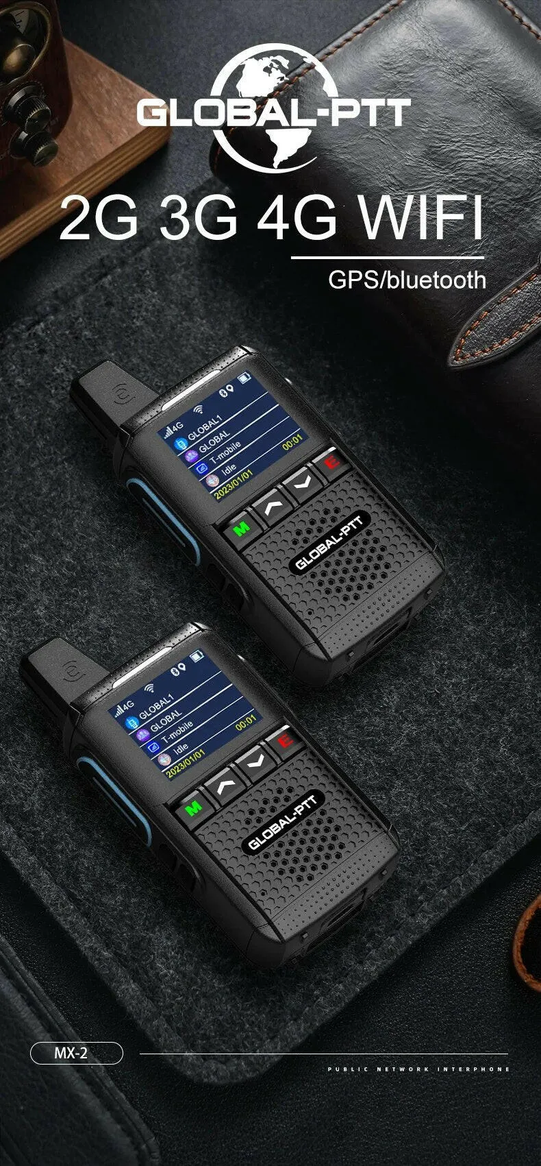 Global-ptt MX2 android walkietalkie zello 4G poc Wireless set mini two way radio long range communicator 4g 100 km GPS wifi
