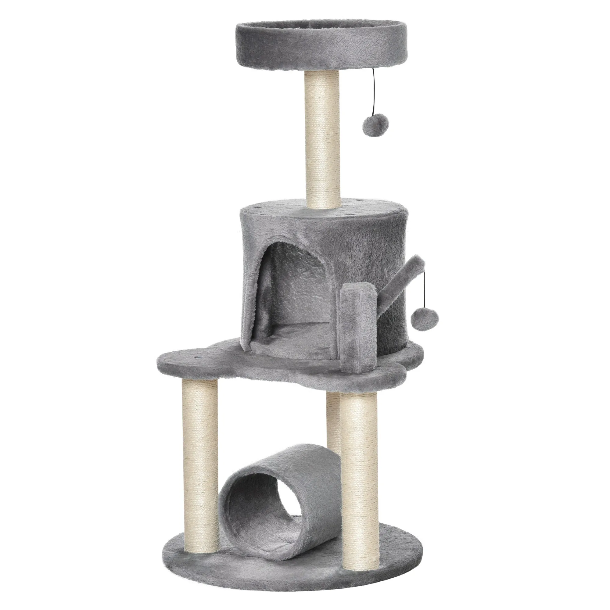 PawHut Cat Tree Tower for Indoor Cats Climbing Activity Center Kitten Furniture with Jute Scratching Post Bed Tunnel Perch Hanging Balls Grey