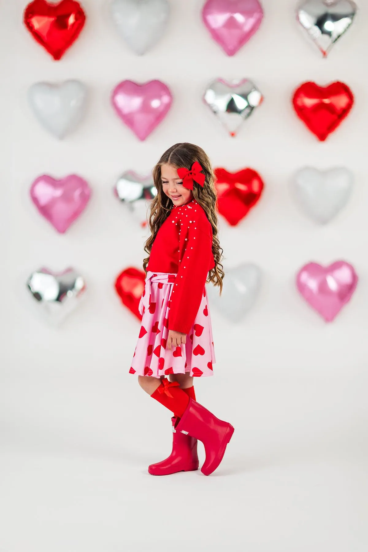 Red Pearl Sweater Hearts Skirt Set