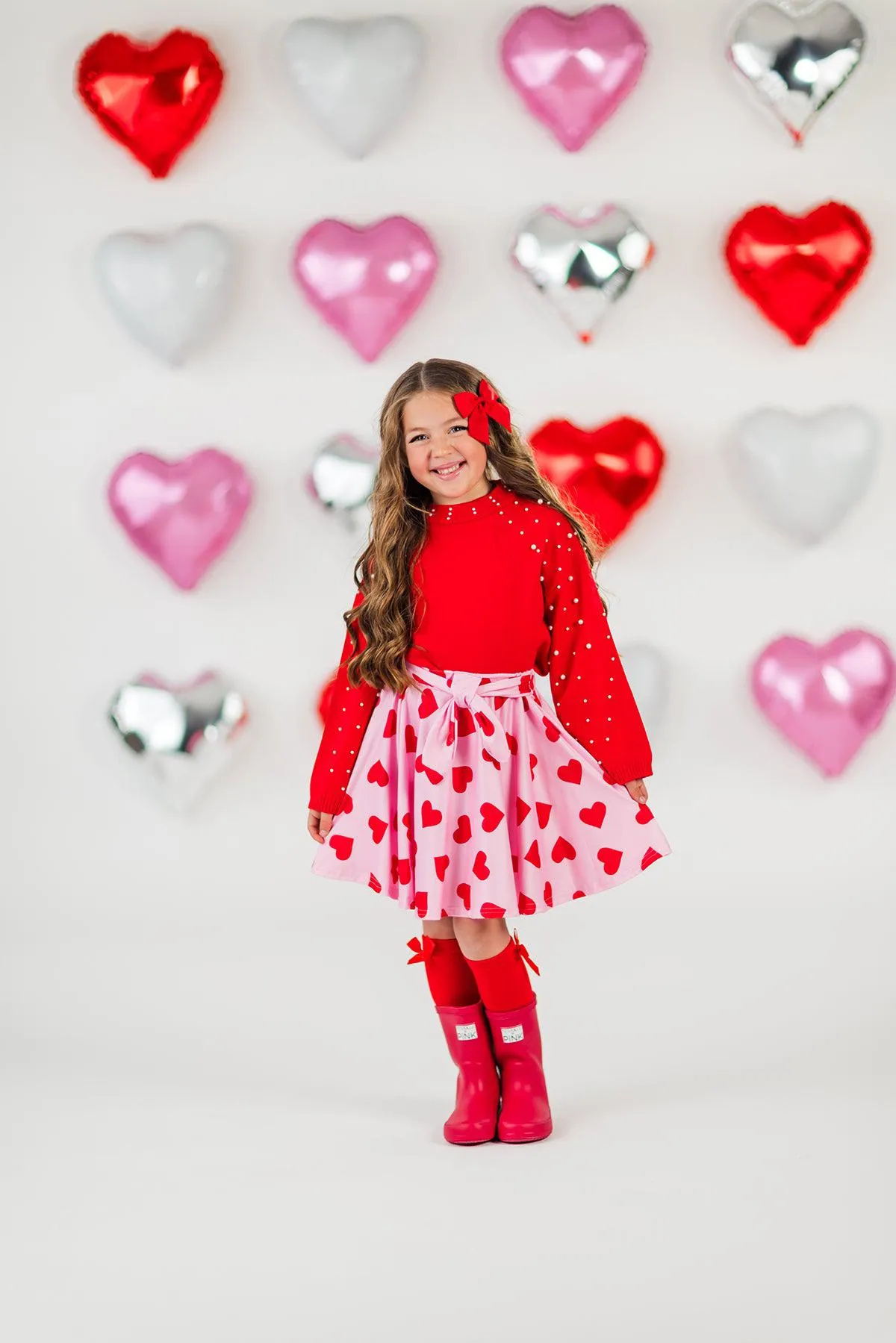 Red Pearl Sweater Hearts Skirt Set
