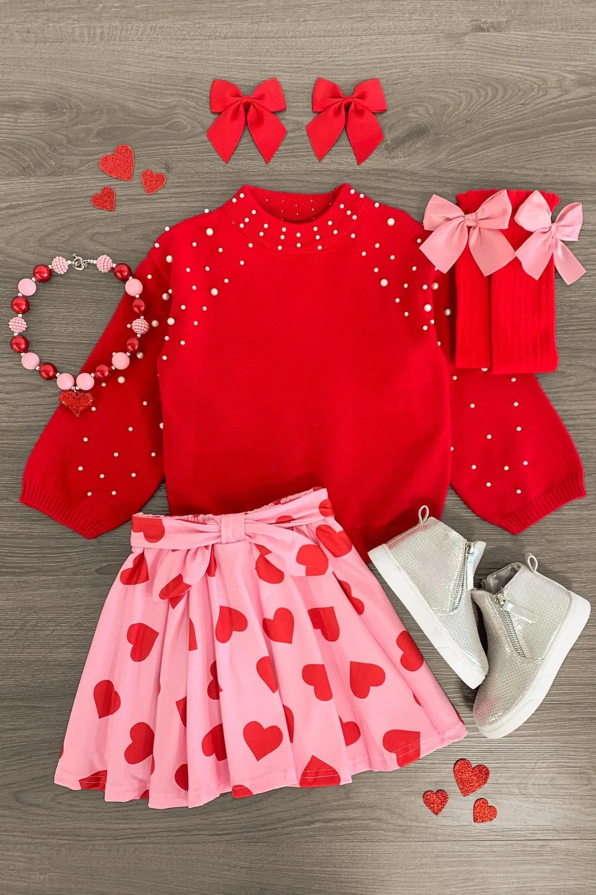 Red Pearl Sweater Hearts Skirt Set