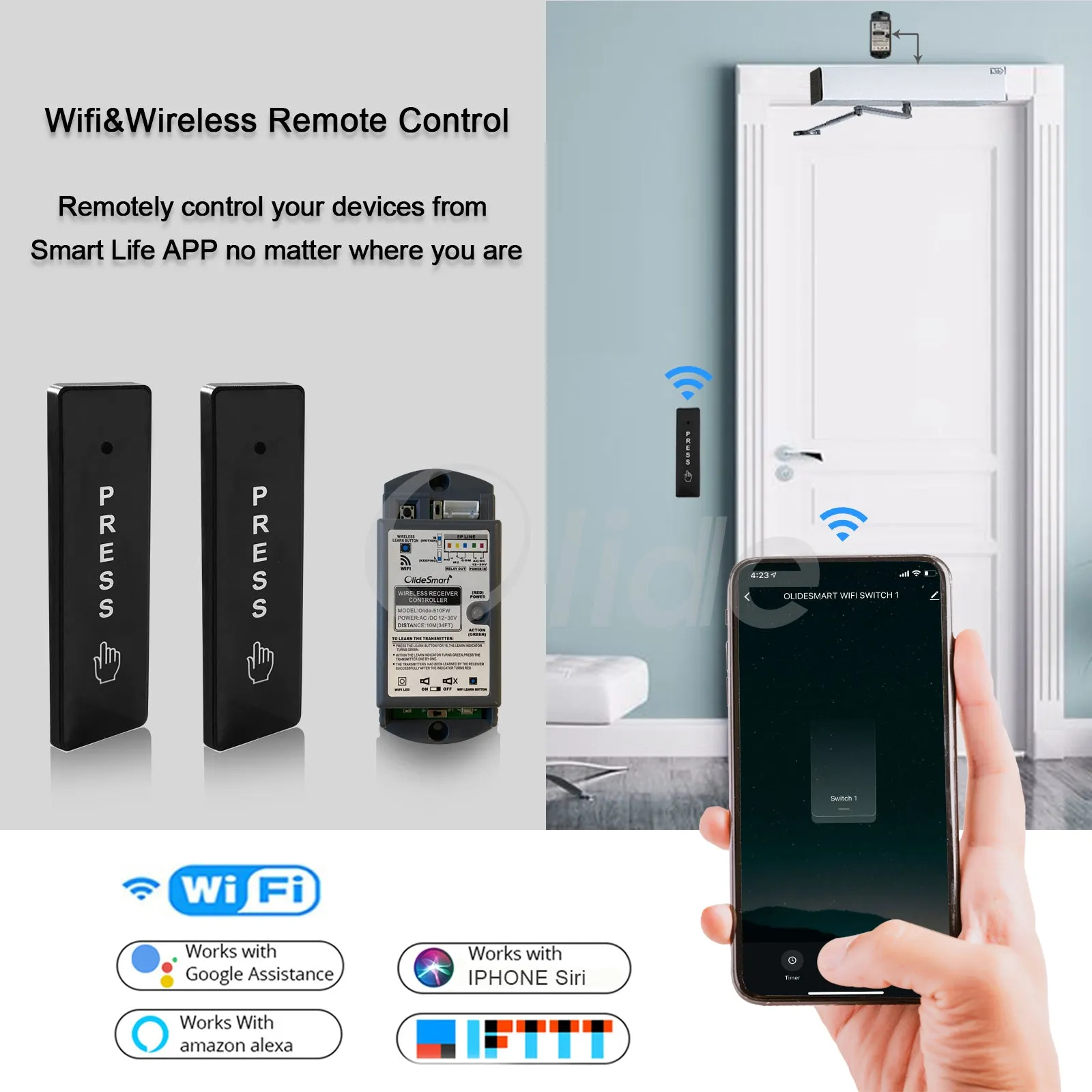 Smart Motorized Door Opener with 2pcs Wireless Slim Hand Press Switches