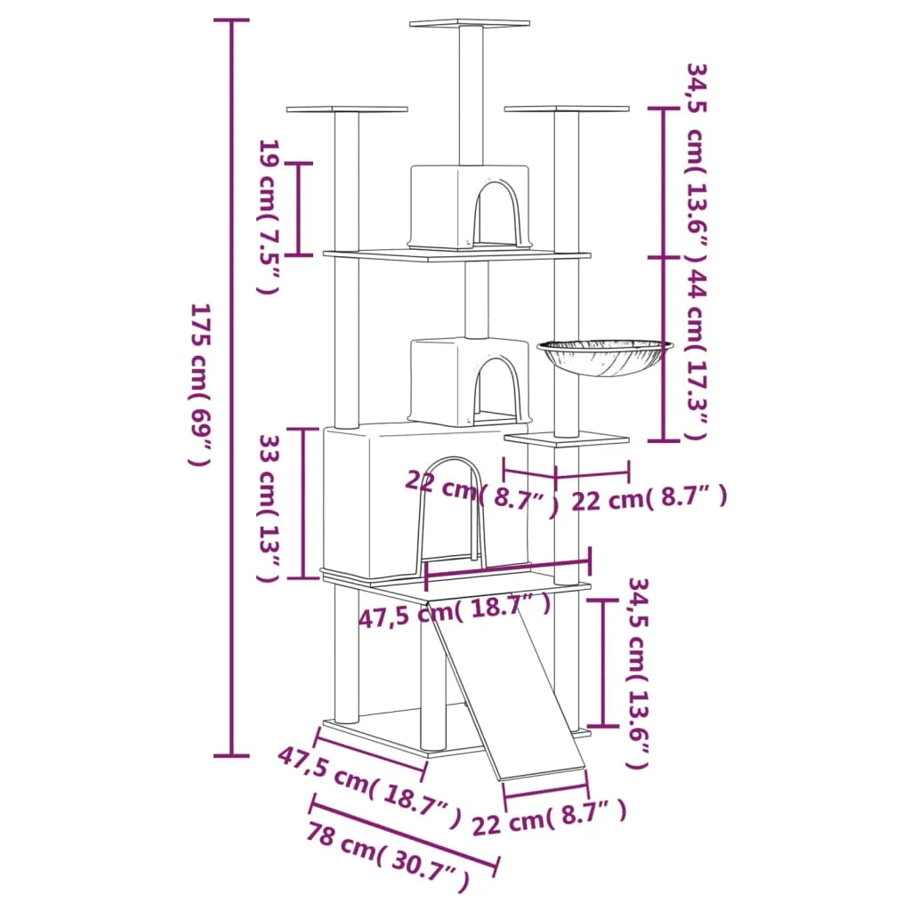 vidaXL Cat Tree with Sisal Scratching Posts Cream 175 cm